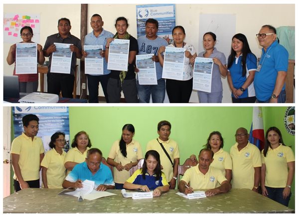 Figure 2) Distributing the Blue Communities Tidal Calendar in Taytay, Palawan (top) and signing Memorandum of Agreement with the local partners in Puerto Princesa City