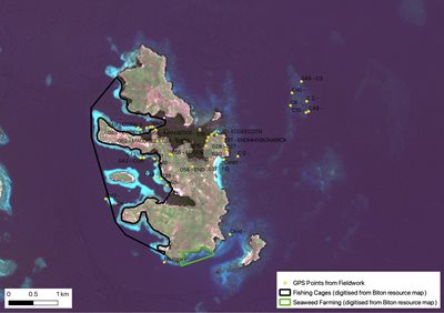 Collected GPS points from fieldwork and digitised resource maps around Biton Island, Philippines. Shown over Copernicus Sentinel 2 Image from May 2020
