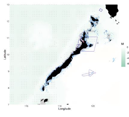 Project 11 analyses of ERSEM modelling projections (P10) around Palawan – co-developed by Plymouth Marine Laboratory and the University of Western Philippines. Green (negative M) indicates areas where the ecosystem habitat characteristics that drive coral distribution exhibit climate-driven trends in 2060-2069, relative to the present decade (2011-2020) under the higher emissions scenario RCP8.5. Light blue are coral distributions (P7). Purple are marine protected areas. Black dots indicate areas where changes are most extreme, affecting most waters surrounding Palawan, except the SE coast.